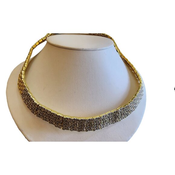 Vintage Designer Quality Textured Gold Plated Pave Rhinestone Hinged Necklace - Picture 1 of 8